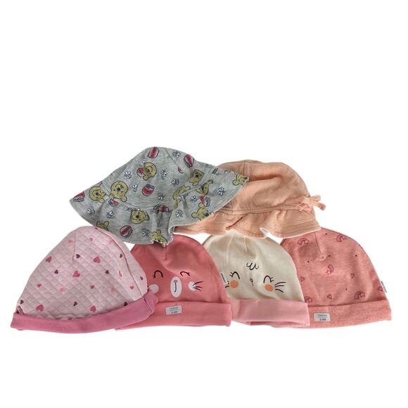 Infant Baby Newborn Girls Cat Heart Stars Winnie The Pooh Pink Set of 6 Beanies - Picture 1 of 3